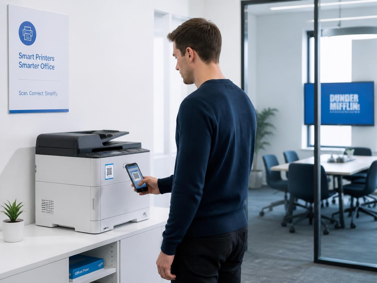 Person scannt einen QR-Code an einem Bürodrucker