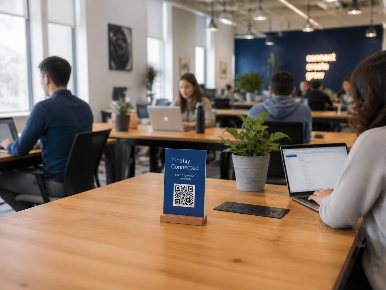CoWorking Space mit QR-Code-Aufsteller auf einem Tisch